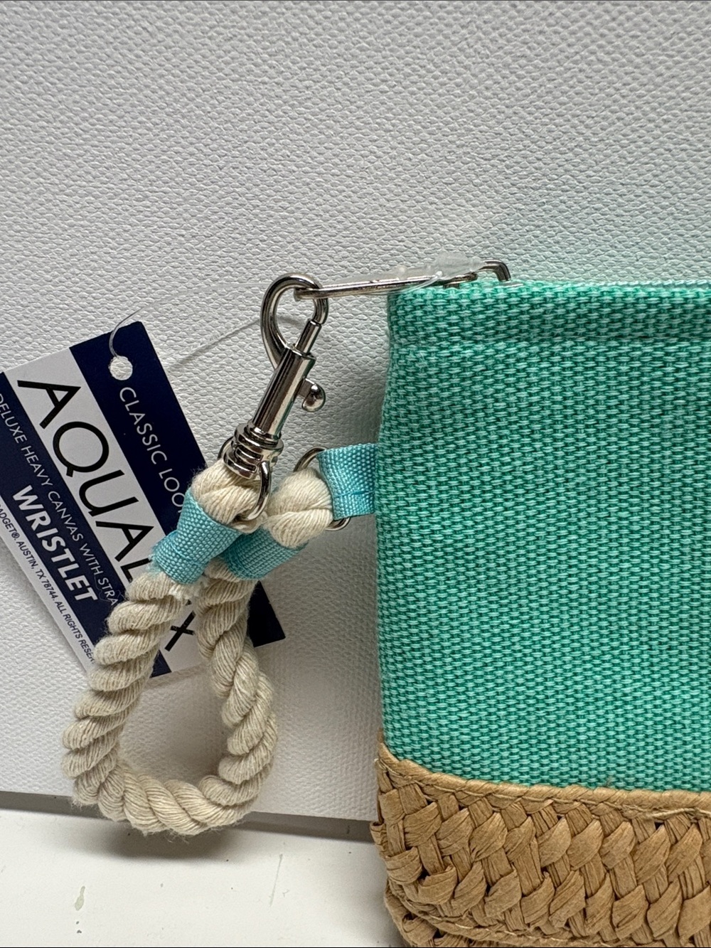 Teal Canvas & Woven Straw Flamingo Wristlet Clutch - Picture 3 of 11